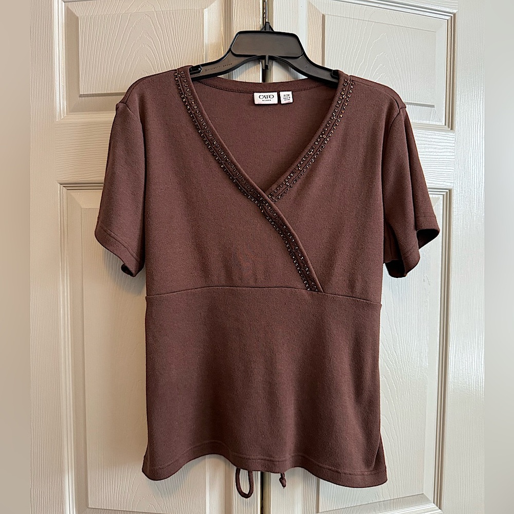 Cato Casual V-Neck Short Sleeve Top with Beads and Sequined Trim
